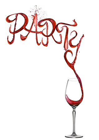 Red wine splash party font pouring to glass on white backgroundの写真素材