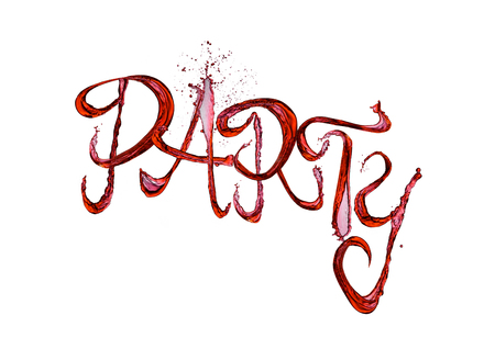 Red wine splash party font with drops on white backgroundの写真素材