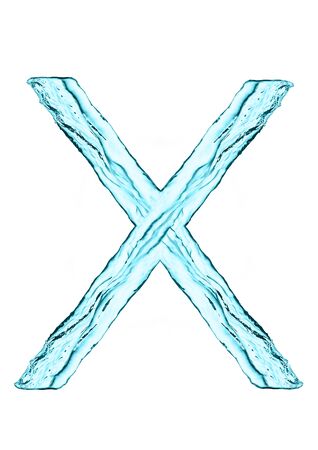 Water splash letter X with light blue color on white backgroundの写真素材