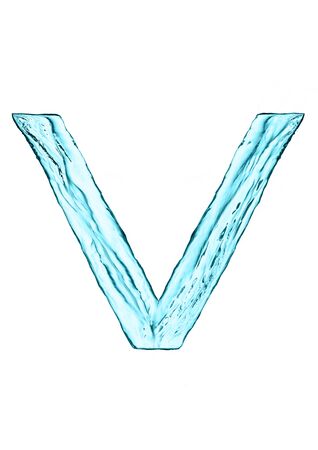 Water splash letter V with light blue color on white backgroundの写真素材