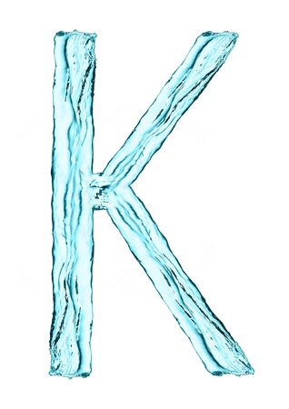 Water splash letter K with light blue color on white backgroundの写真素材
