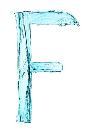 Water splash letter F with light blue color on white backgroundの写真素材