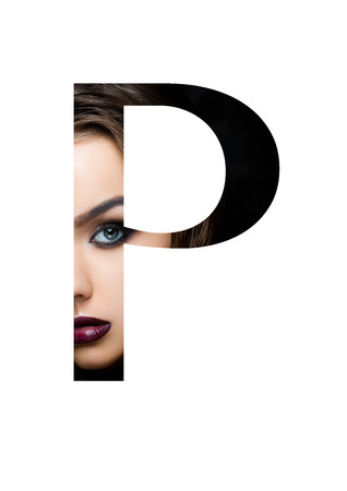 P letter beauty makeup girl creative fashion font on blackの写真素材