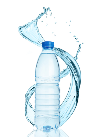 Bottle of still healthy water with splashes on white backgroundの写真素材