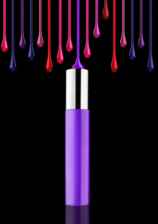 Liquid lipstick tube container with paint splash drops on black backgroundの写真素材