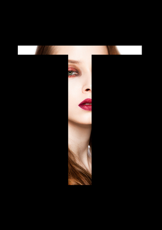 T letter beauty makeup girl creative fashion white font on blackの写真素材