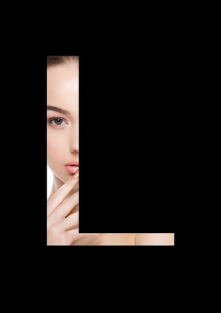 L letter beauty makeup girl creative fashion white font on blackの写真素材