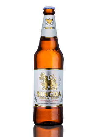 LONDON, UK - MARCH 15, 2017: Bottle of Singha beer on white background , Singha beer is most popular in thailand , Rayong , Thailandのeditorial素材