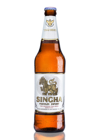 LONDON, UK - MARCH 15, 2017: Bottle of Singha beer on white background , Singha beer is most popular in thailand , Rayong , Thailandのeditorial素材