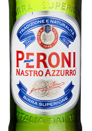 LONDON, UK - MARCH 15, 2017: Cold bottle close up logo of Peroni Beer with reflection. Founded n the town of Vigevano, Italy in 1846.のeditorial素材