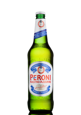 LONDON, UK - MARCH 15, 2017: Cold bottle of Peroni Beer with reflection. Founded n the town of Vigevano, Italy in 1846.のeditorial素材