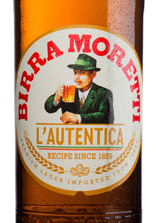 LONDON, UK - MAY 15, 2017: Bottle label of Birra Moretti beer on white background, Italian brewing company, founded in Udine in 1859 by Luigi Morettiのeditorial素材