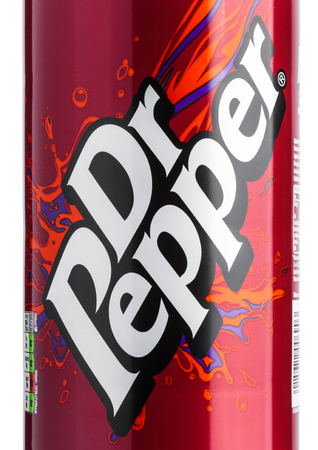 LONDON, UK - JUNE 9, 2017: Bottle label of Dr.Pepper soda drink on white background.Created in the...