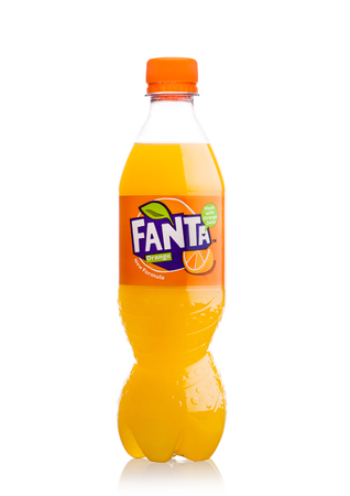 LONDON, UK - NOVEMBER 10, 2017:  Fanta plastic bottle isolated on the white background.The three popular drinks produced by the Coca-Cola Company.のeditorial素材