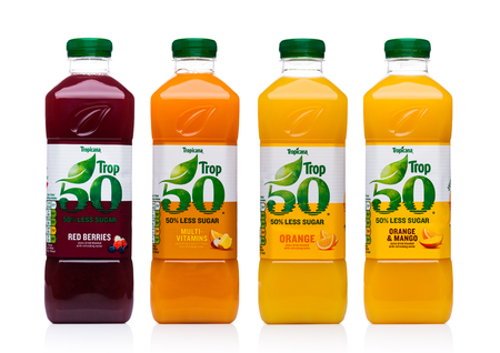 LONDON, UK - November 24, 2017: Bottles of tropicana fruit juices on white background. Tropicana Products Inc. is an American fruit juice multinational company and has been owned by PepsiCo since 1998.のeditorial素材