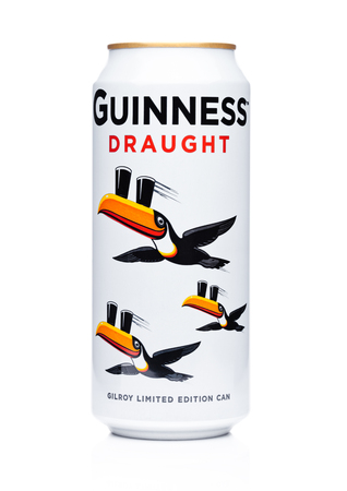 LONDON, UK - DECEMBER 23, 2017: Alluminium can of Guinness draught limited edition beer on white background. Guinness beer has been produced since 1759 in Dublin, Ireland.のeditorial素材