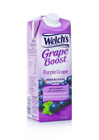 LONDON, UK - JANUARY 02, 2018: Pack of Welch's Grape Boost purple grape juice on white background.Welch Food Inc. is owned by the National Grape Cooperative Association.のeditorial素材