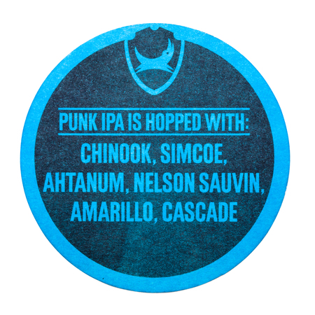 LONDON, UK - FEBRUARY 04, 2018: Brewdog punk ipa craft beer original beermat coaster isolated on...