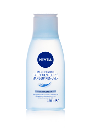 LONDON, UK - FEBRUARY 14, 2018: Plastic container of NIVEA make up remover on white background.のeditorial素材