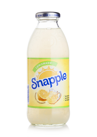 LONDON, UK - APRIL 27, 2018: Bottle of Snapple lemon juice on white background. Snapple is a product of the Dr Pepper Snapple Group based in Americaのeditorial素材