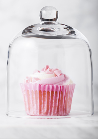 Cupcake muffin with raspberry cream dessert on marble background with pink candiesの写真素材