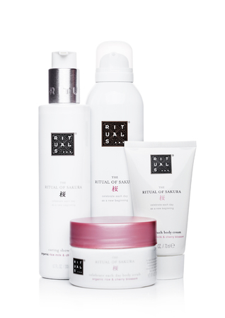 LONDON, UK - JUNE 23, 2018: RITUALS body care containers set. Sakura edition on white background.のeditorial素材