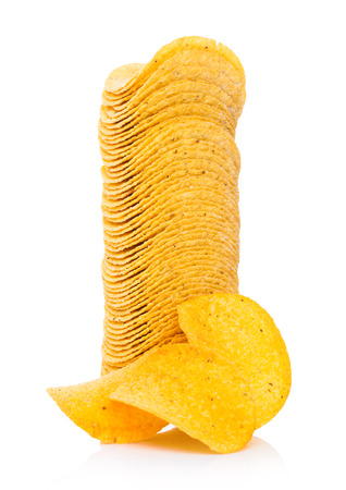 Round crispy potato crisps chips on white backgroundの写真素材