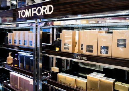 LONDON, UK - AUGUST 31, 2018: Tom Ford perfume and cosmetic luxury collection in boutique store. Elegant shop.のeditorial素材