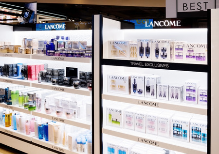 LONDON, UK - AUGUST 31, 2018: Biotherm perfume and cosmetic collection in the Duty Free Store Airport.のeditorial素材