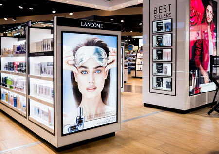 LONDON, UK - AUGUST 31, 2018: Lancome perfume and cosmetic collection in the Duty Free Store.のeditorial素材
