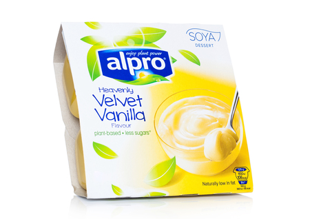 LONDON, UK - NOVEMBER 01, 2018: Pack of Velvet VAnilla Chocolate soya dessert by Alpro Soya on white.のeditorial素材