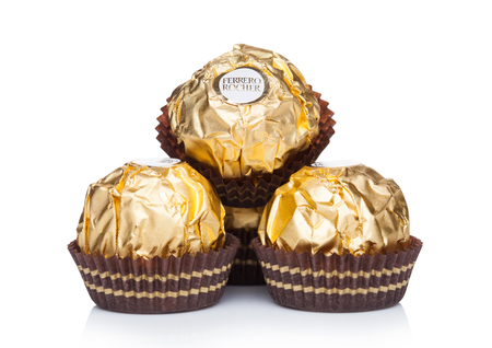 LONDON, UK - NOVEMBER 08, 2018: Ferrero Rocher premium chocolate sweets on white background.のeditorial素材