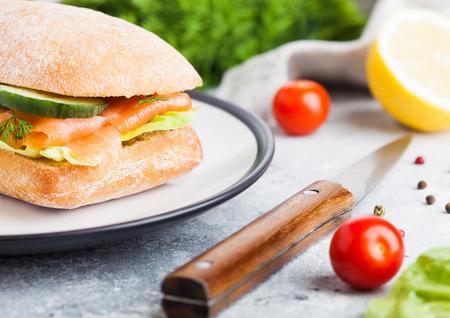Fresh healthy salmon sandwich with lettuce and cucumber on the plate on stone background. Breakfast snack. Fresh tomatoes, dill and lemon.の写真素材