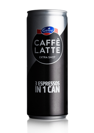 LONDON, UK - APRIL 15, 2019: Aluminium can of Emmi Caffe Latte extra shot iced coffee on white.