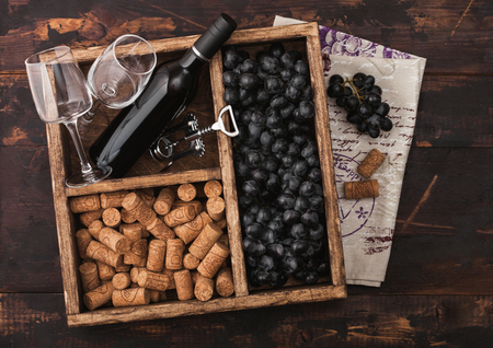 Luxury bottle of red wine and empty glasses with dark grapes with corks and corkscrew inside vintage wooden box on dark wooden background with linen towel.の写真素材