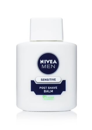 LONDON, UK - JUNE 05, 2019: Plastic Container of Nivea Sensitive post shaving balm on white.のeditorial素材