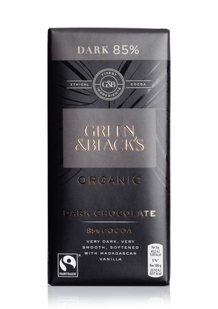 LONDON, UK - AUGUST 15, 2019: Bar of Green & Black's organic dark chocolate on white.のeditorial素材