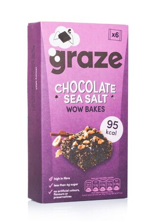 LONDON, UK - AUGUST 18, 2019: Boxes of Graze Chocolate Sea Salt wow bakes cereal bars on white background.のeditorial素材