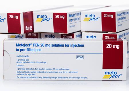 LONDON, UK - AUGUST 18, 2019: Pack of Metoject 20mg solution for injection in pre-filled pen on...