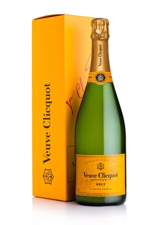 LONDON, UK - NOVEMBER 20, 2019: Bottle and box of Veuve Clicquot Brut world famous luxury champagne on white.のeditorial素材
