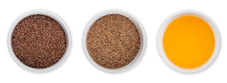 Bowl of raw natural organic linseed flax-seed with oil and powder on white. Top view