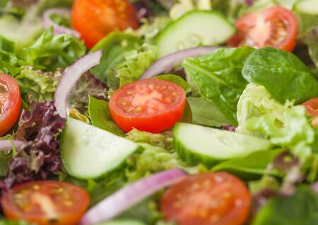Fresh healthy vegetarian vegetables salad with tomatoes and cucumber, red onion and spinach close up. Macroの写真素材