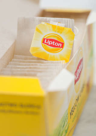 LONDON, UK - OCTOBER 21, 2020: Pack of Lipton Yellow Label tea bags of flavoured black tea on light background.のeditorial素材