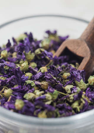 Close up blue mallow flowers tea in glass jar with wooden scoop on white background.の写真素材