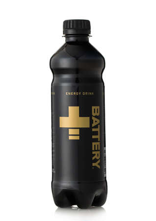 LONDON,UK - MAY 23, 2022: Battery Plus Energy Drink in plastic bottle on white.