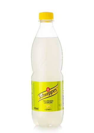 LONDON,UK - MAY 26, 2022: Schweppes original bitter lemon tonic soda water on white.のeditorial素材