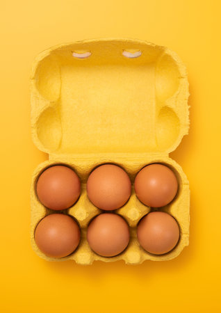 Brown bio organic eggs in paper tray on yellow background.Top view