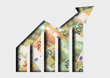 Stock trading chart and arrow going up with euro banknotes as finance success concept.Top view.のeditorial素材