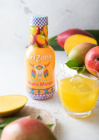 LONDON,UK - MAY 01, 2023: Bottle of Arizona Iced Tea with mango taste.のeditorial素材