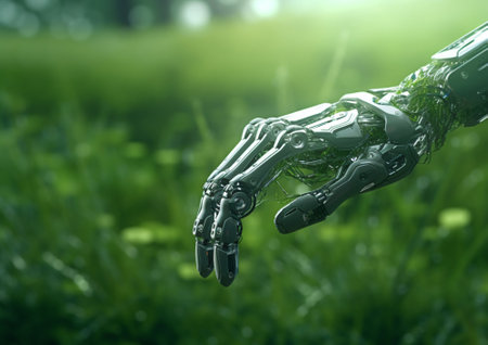 New technologies against nature concept.Robot arm touching grass.AI Generative.の素材